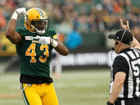 Edmonton Eskimos linebacker Vontae Diggs (43) celebrates a tackle on the B.C. Lions during a CFL game at Commonwealth Stadium in Edmonton on Friday, June 21, 2019.