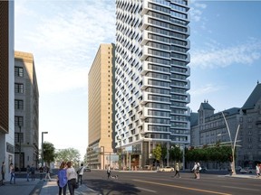 A rendering of the proposed 185-metre mixed-use residential tower on the southeast corner of Jasper Avenue and 100 Street. (Supplied)
