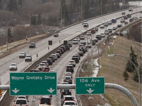A stall backs up southbound traffic on Wayne Gretzky Drive in Edmonton on Wednesday, May 1, 2019.