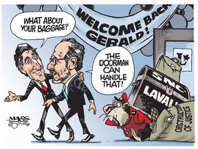 Justin Trudeau and Gerald Butts let Canada carry SNC-Lavalin baggage. (Cartoon by Malcolm Mayes)