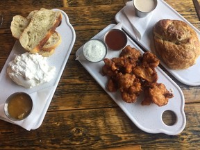 (From left) ricotta with peach jam and sourdough, fried mushrooms and pretzel at Rural Routes Brewing Co., located at 4901 50 St. in Leduc.