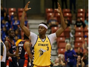 Edmonton Stingers' Mamadou Gueye (3) celebrates the team's 108-104 victory over the Fraser Valley Bandits during a CEBL game at Northlands Expo Centre in Edmonton, on Thursday, Aug. 1, 2019.