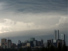 A storm rolls into the city as a tornado watch is issued for the Edmonton area on Friday, Aug. 2, 2019.