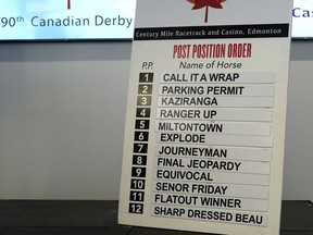 Post position order draw board for the 90th running of the Canadian Derby at Century Mile Racetrack.