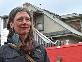 Kristine Kowalchuk, who is getting ready to build a pigeon cote as one step toward finding a new (old) way of managing pigeon populations and poop in urban environments in Edmonton, August 16, 2019.