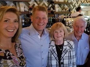 Enjoying a party at Old Strathcona's Lyon restaurant last week after a Fringe play were (l to r) ATB President and CEO Curtis Stange and his wife Shannon; and leading Fringe lights Bob and Marliyn Westbury after seeing the the play Minerva, Queen of the Handcuffs.