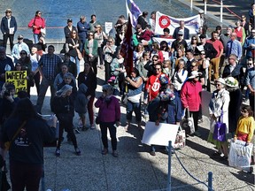 Protest against the government appointing an advisory panel to further review curriculum that has been written so far, at the Alberta Legislature in Edmonton, August 28, 2019.