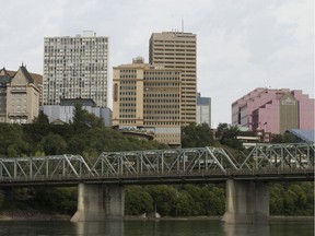 Downtown Edmonton is visible behind the Low Level Bridge, Thursday Aug. 24, 2017.