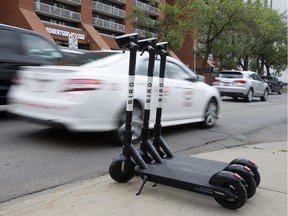 New Bird electric scooters parked along 109 Street north of Jasper Avenue, in Edmonton Friday Aug. 16, 2019.