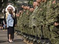 Lieutenant-Governor of Alberta Lois Mitchell reviews recruits from across Western and Northern Canada graduate from the Canadian Armed Forces' Bold Eagle program during a ceremony at 3rd Canadian Division Support Base Edmonton Detachment Wainwright, in Wainwright Thursday Aug. 15, 2019. Bold Eagle is a summer training and employment program for Indigenous youth living in western and northern Canada and northwestern Ontario, that combines military training and Aboriginal cultural awareness. Photo by David Bloom