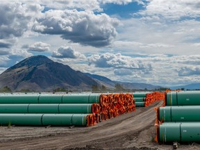 Steel pipe to be used in the oil pipeline construction of the Canadian government's Trans Mountain Expansion Project lies at a stockpile site in Kamloops, British Columbia, June 18, 2019.