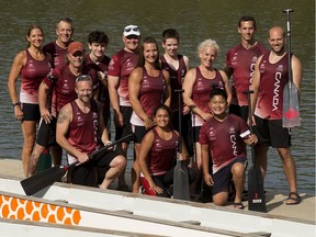 Members of the Edmonton Dragon Boat Racing Club that have been selected to represent Team Canada at the IDBF World Dragon Boat Racing Championships in Thailand pose for a photo along the North Saskatchewan River in Edmonton on Aug. 8, 2019.