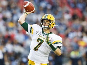 CP-Web. Edmonton Eskimos quarterback Trevor Harris throw the ball against the Toronto Argonauts during the first half of CFL football action in Toronto, Friday August 16, 2019.