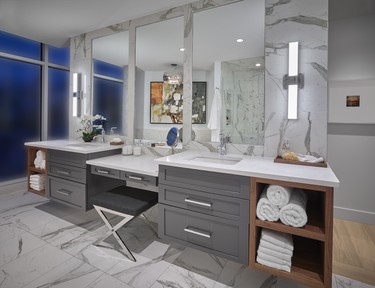 Unit bathrooms include ample counter space.