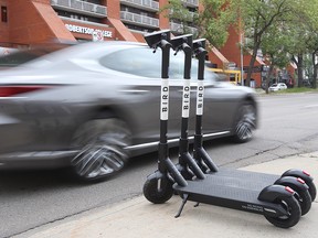 Scooters available for rent along 109 Street north of Jasper Avenue in Edmonton on Friday, Aug. 16, 2019.