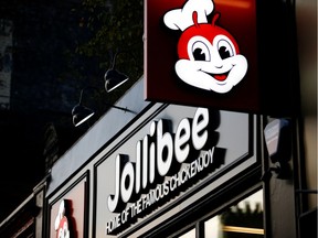 The name sign of the first Jollibee restaurant in the UK is seen, in London,