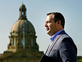 Alberta Premier Jason Kenney discussed the accomplishments of his government in its first 100 days in office and made an announcement that will benefit Indigenous Peoples in Alberta, outside the Alberta Legislature in Edmonton on Wednesday August 7, 2019. (PHOTO BY LARRY WONG/POSTMEDIA)