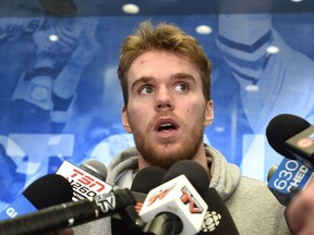 Connor McDavid speaks to the media as the Oilers clean out their lockers at Rogers Place in Edmonton, April 7, 2019.