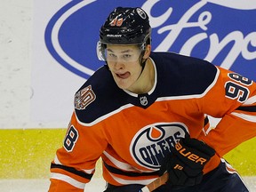 Edmonton Oiler winger Jesse Puljujarvi in action against the Dallas Stars in Edmonton on Nov. 27, 2018.