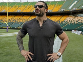 Former Edmonton Eskimo football player and current World Wrestling Entertainment, Inc. superstar Joe "Roman Reigns" Anoa’i pays a visit to Commonwealth Stadium in Edmonton on Thursday, Aug. 8, 2019.