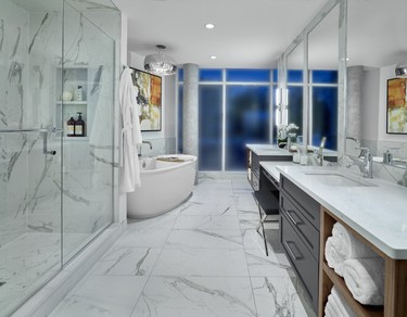 Bathrooms include porcelain tiles and soaker tubs.