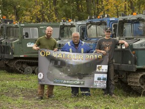 (left to right) Organizers of Operation Valour Steve Bolstad, Cole Cameron and Scott Collacutt pose for a photo, north of Edmonton Monday Sept. 16, 2019. Operation Valour is a fundraiser for soldiers with PTSD.