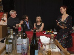 Ian Horobin, left, Justin Deveau, Marcia Lynn Anderson and Nicole Deveau rehearse for the play Open Invitation, which debuts Oct. 3 at Backstage Theatre.
