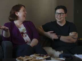 Kesha Michaud (left) and Shylo Rosborough take part in a Generous Space meeting in Edmonton.