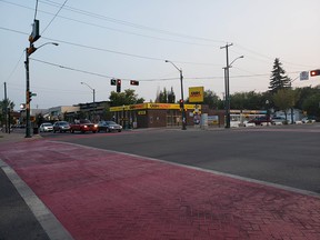 The crosswalks at 124 Street and 107 Avenue seen decked out in red last year. The city is now in the process of removing the sidewalks after the material was found not to last as long as intended and it became slippery in rainy or snowy weather.