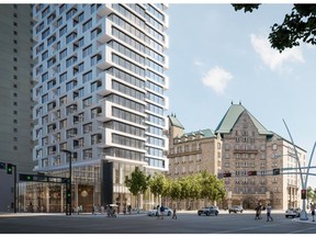 A rendering of the proposed 185-metre mixed-use residential tower on the southeast corner of Jasper Avenue and 100 Street. (Supplied)