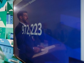 Mayor Don Iveson speaks about the results and population count from the 2019 Edmonton census during a news conference at city hall in Edmonton on Thursday, Sept. 5, 2019.