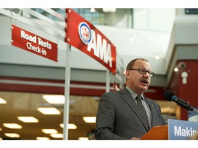 Minister of Transportation Ric McIver speaks during a government of Alberta announcement of changes to address high road test wait times in Alberta at Alberta Motor Association offices in Edmonton, on Thursday, Sept. 12, 2019.