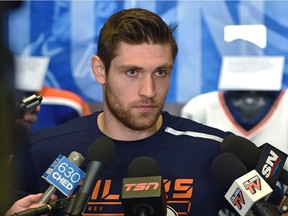 Edmonton Oilers Leon Draisaitl speaks to the media during physicals at the start of training camp at Rogers Place in Edmonton, September 12, 2019. Ed Kaiser/Postmedia