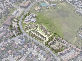 A drawing of the proposed 135-unit development with a mix of affordable housing next to Keheewin School, to be developed by Capital Region Housing.