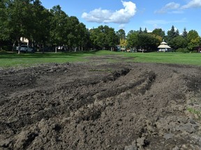 Gallagher Park is in rough shape after a rainy summer combined with a packed Edmonton Folk Music Festival caused turf damage. Continued poor weather has delayed work in Edmonton on Friday, Sept. 13, 2019.