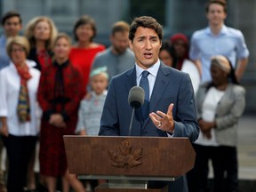 Canada's Prime Minister Justin Trudeau speaks during a news conference at Rideau Hall after asking Governor General Julie Payette to dissolve Parliament, and mark the start of a federal election campaign in Canada, in Ottawa, Ontario, Canada, September 11, 2019.