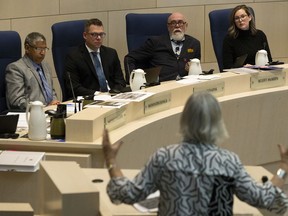 Members of Edmonton City Council listens to concerns about Charter Bylaw 19000, which would allow for small scale commercial development adjacent to the future Glenora LRT stop, during a public hearing at City Hall, Monday Sept. 9, 2019. Photo by David Bloom