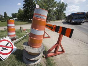 Traffic works its way through a construction zone on Connors Road near Cloverdale Hill in Edmonton, Alta. File photo.
