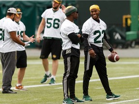 Christion Jones, right, during an Edmonton Eskimos practice at Commonwealth Stadium ahead of their Sept. 7 game against the Calgary Stampeders in Edmonton on Friday, Sept. 6, 2019.