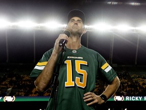 Ricky Ray speaks to the crowd during his Wall of Honour Induction Ceremony during the Edmonton Eskimos and Hamilton Tiger-Cats CFL game at Commonwealth Stadium, in Edmonton Friday Sept. 20, 2019. Photo by David Bloom