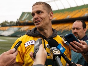 Quarterback Trevor Harris speaks to the press during an Edmonton Eskimos practice at Commonwealth Stadium ahead of their Sept. 7 game against the Calgary Stampeders in Edmonton, on Friday, Sept. 6, 2019.