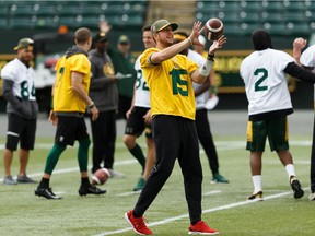 Quarterback Logan Kilgore (15) makes a catch during an Edmonton Eskimos practice at Commonwealth Stadium ahead of their Sept. 7 game against the Calgary Stampeders in Edmonton, on Friday, Sept. 6, 2019.