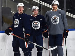 Edmonton Oilers Tyler Benson, left, Kailer Yamamoto and David Desharnais during training camp at Rogers Place in Edmonton on Thursday, Sept. 5, 2019.