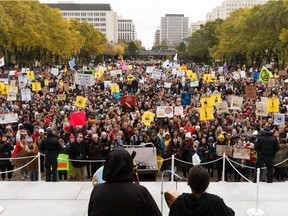 Noah Green and Carol Powder of Chubby Cree perform during the Global Climate Strike rally at the Alberta Legislature in Edmonton, on Friday, Sept. 27, 2019. Thousands of students across the country joined together to call for action on climate change.