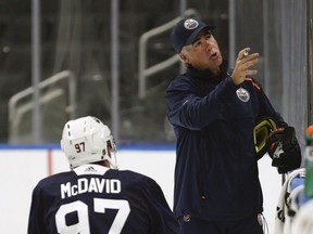 Edmonton Oilers head coach Dave Tippett (right) at training camp in Edmonton on Friday September 13, 2019.