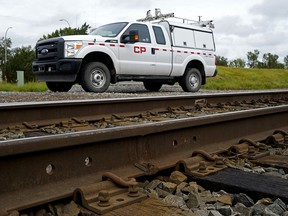 A Canadian Pacific Railway truck was parked near the railway crossing on 34 Avenue just east of Gateway Boulevard in Edmonton on Sunday September 1, 2019. City police are investigating the death of a 19-year-old man who was struck and killed by a train in the early morning hours on September 1, 2019. (PHOTO BY LARRY WONG/POSTMEDIA)