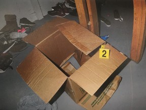 A box seized as evidence in an Edmonton child abuse case. Court heard two women would sometimes seal one of two girls in moving boxes to discipline her. The women — including their mother — jointly pleaded guilty to aggravated assault and forcible confinement in an Edmonton courtroom on Tuesday, Sept. 3, 2019.