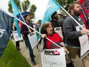 Alberta Union of Provincial Employees (AUPE) members held an information picket outside of Leduc Community Hospital to rally against the UCP government's Bill 9 in Leduc, on Tuesday, July 9, 2019.