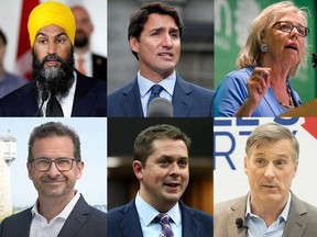 Clockwise, top left: Jagmeet Singh, Justin Trudeau, Elizabeth May, Maxime Bernier, Andrew Scheer and Yves-François Blanchet ORG XMIT: POS1909111313035865