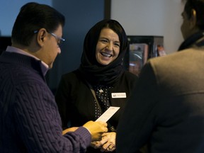Edmonton West Liberal Candidate Kerrie Johnston speaks with Edmontonians attending afternoon prayers at the Rahma Mosque - MAC Islamic Centre, 6104 172 St., in Edmonton Friday Oct. 11, 2019. The Canadian-Muslim Vote (TCMV) is launching its "Muslim Vote Weekend" campaign on Friday, October 11, 2019, with Get Out the Vote sermons in over 100 mosques across six provinces and territories.